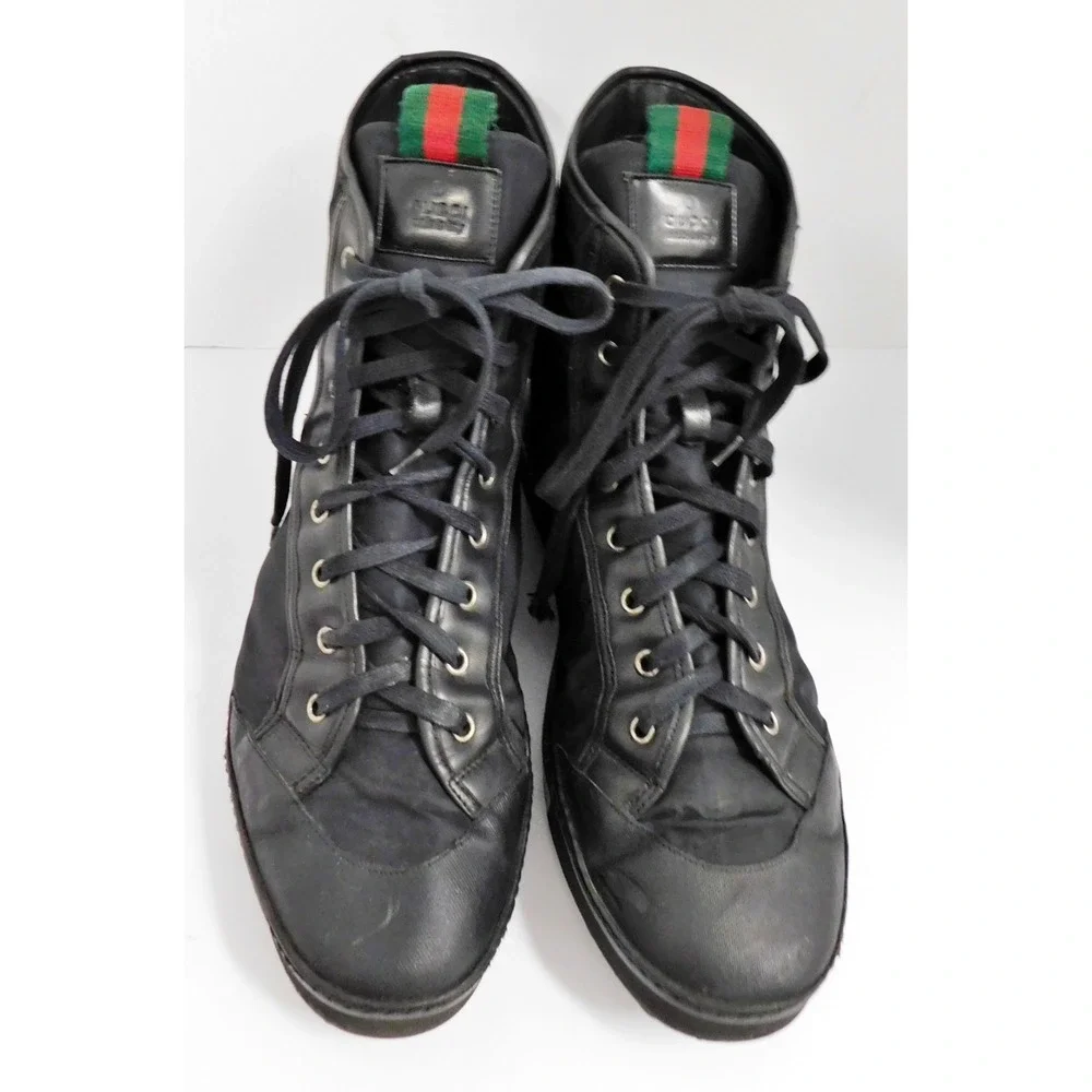 Authentic Men's GUCCI Canvas Leather Red Green Stripe High Top‎ Sneakers sz 44 E